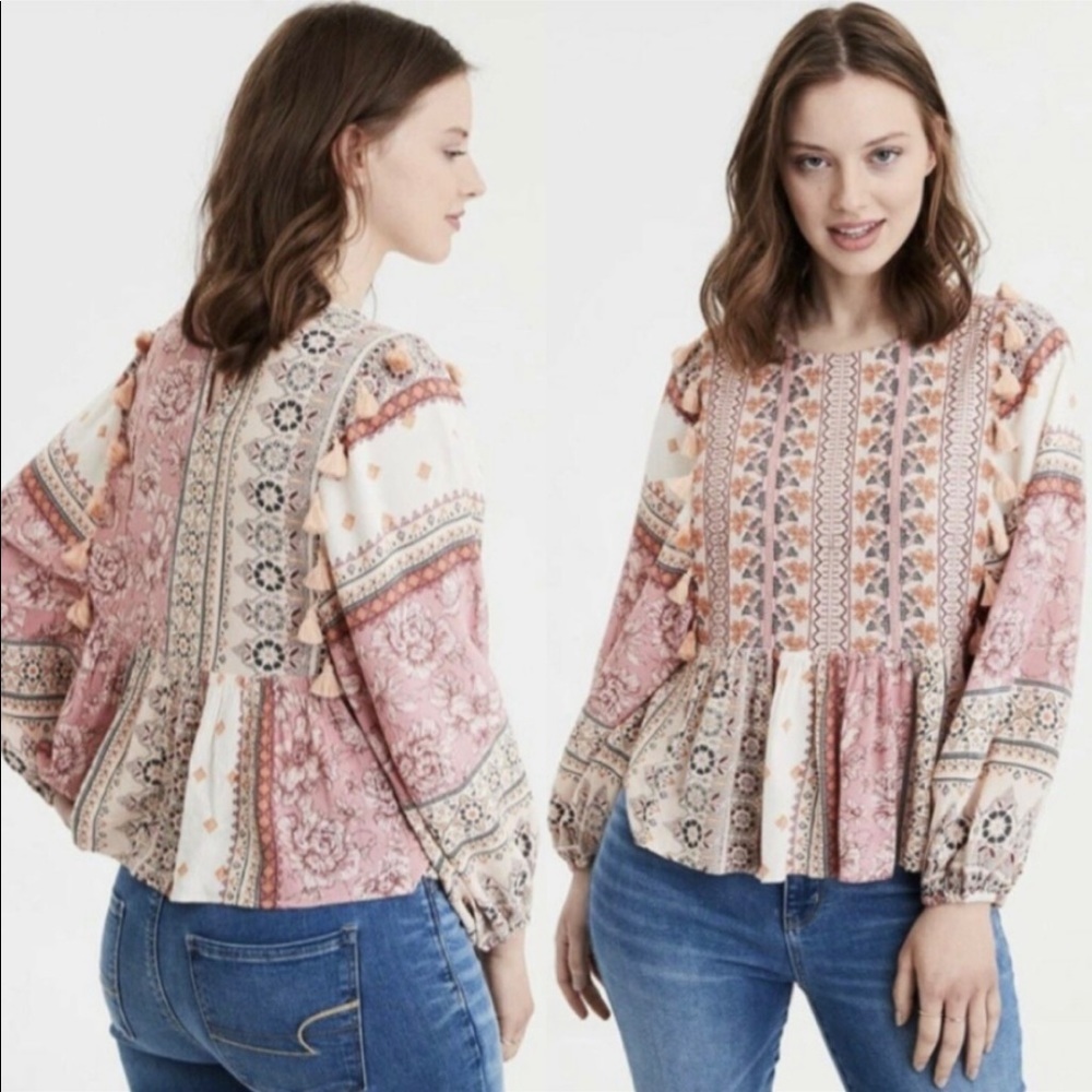 NWT American Eagle Floral Boho Tassel Top Small